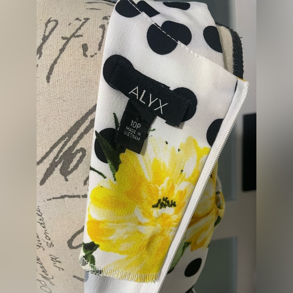Black and White Polka Dot Sleeveless Sheath Dress with Yellow Floral Design - Picture 2 of 8